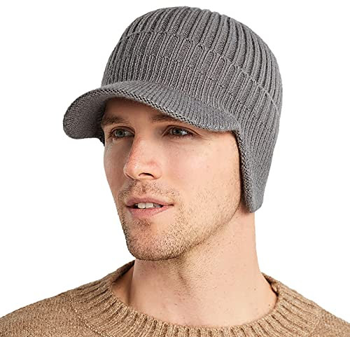 Herren Winter Visier Krempe Earflap Beanie Hut Gestrickt Verdicken Plüsch Gefüttert Skullies Baseball Cap Winddicht Halswärmer, GRAU, Einheitsgröße