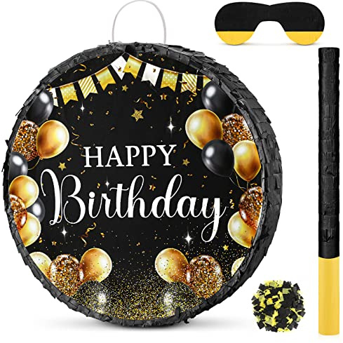 Sinmoe Birthday Piñata with Stick Blindfold and Confetti Large Piñata for Adult Men Women Birthday Party Supplies Decoration Wedding Anniversary(Black and Gold)