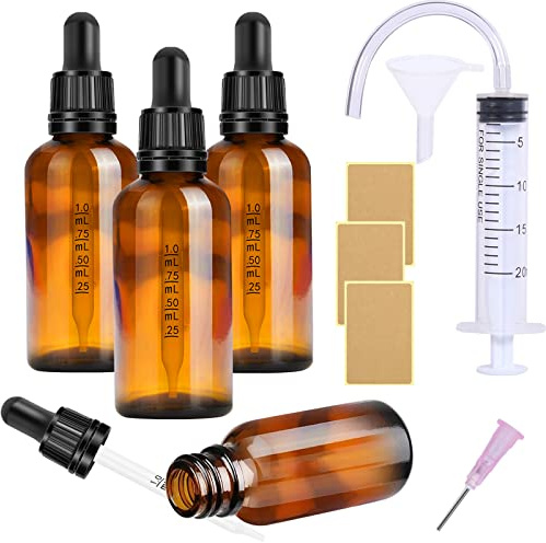 Pipettglas pipettflaska 4 st. 50 ml apoteksflaska set – små brunt glas flytande flaskor med pipett droppflaskor glasflaskor med svart pipettlock innehåller 5 st. hjälptillbehör