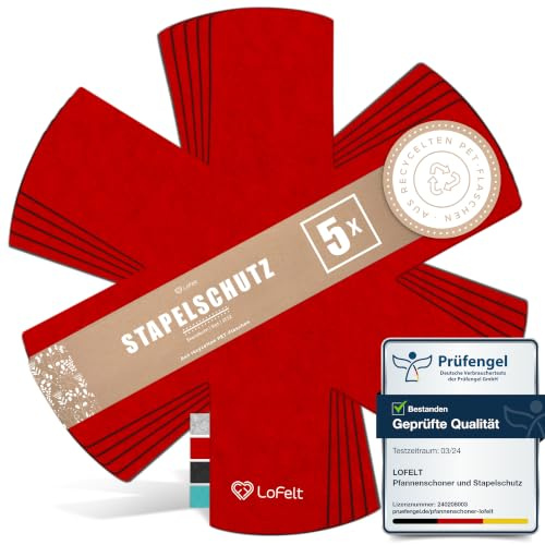 LoFelt® Pfannenschoner & Stapelschutz für Pfannen, Töpfe, Schüsseln und noch mehr Küchenutensilien - 5 Stück in L Ø 32cm - Pfannenschutz Topfschutz aus Filz in Rot - Sternform