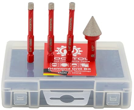 FOCSTOL Foret Diamant Carrelage Kit - 4 pièces 6/6/6mm Scie Cloche Diamantée+20mm Mèches Chanfrein Biseautées avec Tige Hexagonale pour Porcelaine Carrelage Marbre Granit