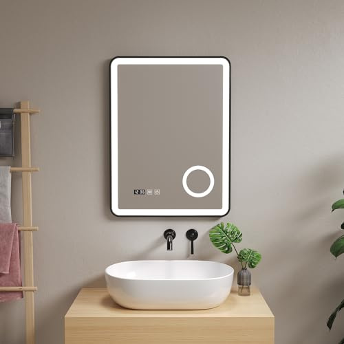 pro.tec Miroir LED pour Salle de Bain Miroir Mural avec Interrupteur Tactile Anti-buée Loupe 3X Affichage Horloge Température Aluminium Verre 80 x 60 cm Noir