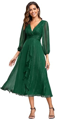 Ever-Pretty Vestito Elegante Donna Cerimonia Manica Lunga Collo A V Gonna Midi Abito da Sera Verde Scuro 48