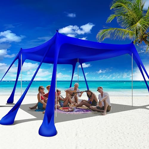 VIONMI Stranddach, Strandzelt, Pop-Up-Schatten, 3 x 3 m, Sonnenschutz LSF 50+, mit 8 Sandsäcken, 2 Sandschaufeln, 4 Aluminium-Stangen, Heringe, tragbare Tragetasche für Outdoor, Familie, Camping,