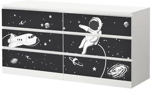 Sunnywall® Möbelfolie passend für IKEA Malm Kommode Schrankfolie Aufkleber mit Astronaut im Raumschiff Motiv | blasenfrei verkleben | Kinderzimmer 6er 160 cm