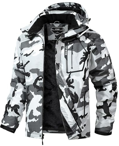 UTWGN Herren Skijacke Winter Warm Schneemantel Wasserdicht Windbreaker Kapuze Arbeit Outerwear Snowboardjacken, Schwarz Camouflage, L