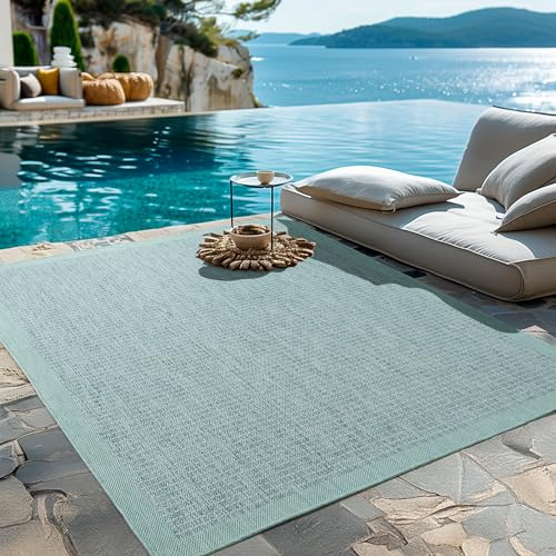 HomebyHome In- & Outdoor Teppich Wetterfest 160 x 230 cm Einfarbig Blau - Waschbar, Wasserfest, Pflegeleicht und Flachgewebe - Ideal für Balkon, Garten, Terrasse und als Küchenteppich