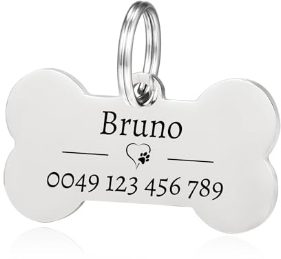Knochen Hundemarke mit Gravur - Edelstahl Hundemarke mit Name, Telefonnummer - Silber Hundemarke personalisiert mit Symbolen Dog Tag Namensschild für Halsband und 2 Schlüsselringe