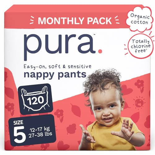 Pura Eco Nappy Pants - Size 5 (12-17kg), 6 x 20 Nappies (120 Total), Pull Up Disposable Baby Nappies for Sensitive & Allergy Prone Skin, Hypoallergenic, Fragrance Free, Easy-Tear Side, New Size Guide