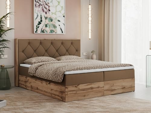 MKS MEBLE Boxspringbett 200x200 cm mit Bettkasten Wotan Eiche, Doppelbett mit Kopfteil, Matratze H3 mit Topper T25, Matratzenaufbau, Polsterbett mit Stauraum - Braun Kunstleder - Veneto