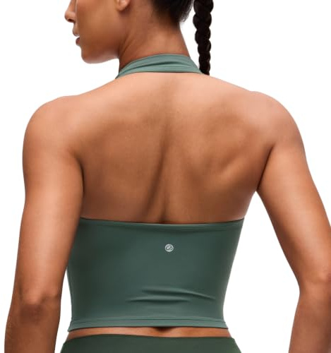 CRZ YOGA Butterluxe Halter Neck Crop Tank Tops | Light Support, Removable Pads, Yoga, Extremely Soft, Open Back, Longline Sports Bras for Women