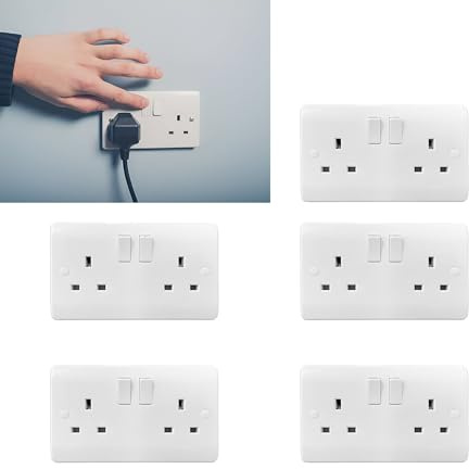 Brightex, Pack of 5 2 gang 13a switched socket double pole Sockets & Switches With Round Courner Round Edge White Surface Mount