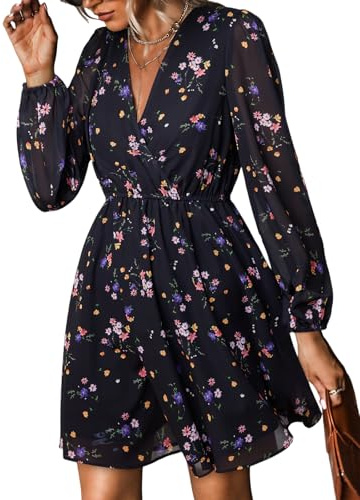 CUPSHE Summer Dresses for Women V Neck Sheer Chiffon A Line Floral Mini Dress Long Peasant Sleeves Casual Dress Black Ditsy, L