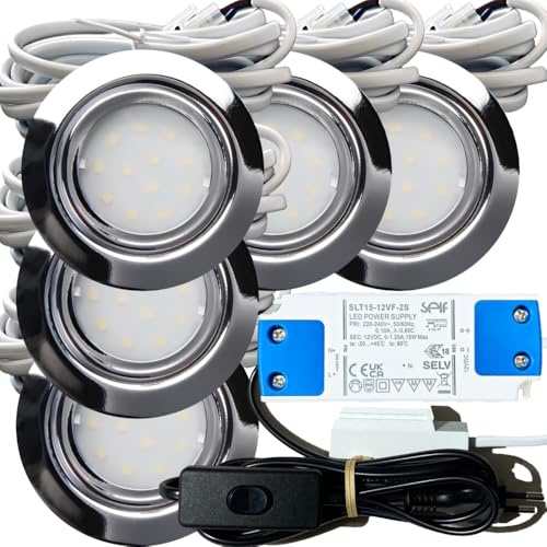 5er Set IP44 LED flache Einbaustrahler New Lina 12V, 2,4W, Chrom, 200lm, Neutralweiß (4000K), inkl. LED-Trafo mit 230V Zuleitung, Netzstecker, Schnurschalter, AMP-Verteiler, Ø 72mm, Bohrloch 54-60mm