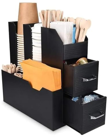 YOUFE Coffee Tea Organiser Station, Caddy Tidy Rack, 10 Compartment Breakroom Coffee Condiment Station Organizer Countertop Cup Storage