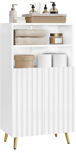 eSituro Badezimmerschrank, Badschrank, Badkommode mit 2 offenen Fächern, 2 Türen, 2 verstellbaren Einlegeböden, Schrank Badezimmer weiß, 50x93x30 cm