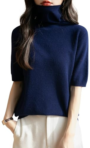 Chanyarn Damen 100% Merinowolle Kurzarm Pullover 2025 Frühjahr Sommer Winter Weich Leicht Rollkragen Nahtloser Strickpullover Sweatshirt (Navy Blau,L)