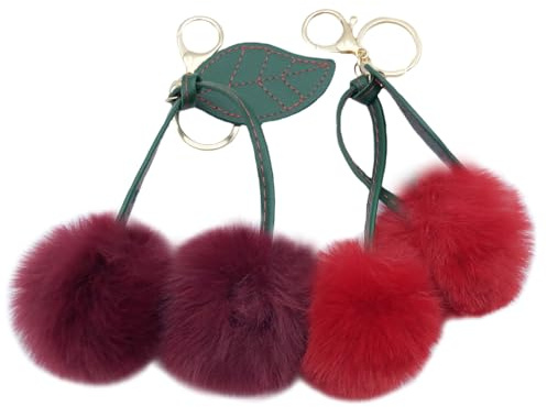 Xsclpomddy 2 Stück Rotwein.Kirsch Bag Charms Pompons Kirsch-Schlüsselanhänger Künstliche Kaninchenhaar Pom Pom Schlüsselanhänger Koffer Zubehör Charm Auto Schlüsselring