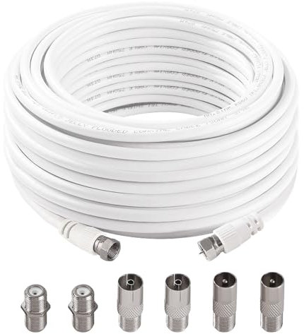 KUOQIY 15m 75 Ohm RG6 Cavo Coassiale, F Maschio a F Maschio ad Alta Velocità RG6 Cavo Antenna TV, con 6 Pezzi Accoppiatori di Prolunga, per TV, Satellite, Router Digitale