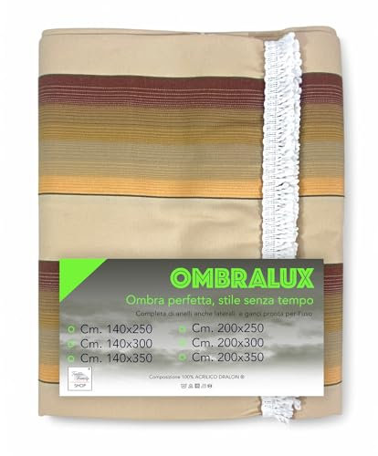 Rideau de soleil Umbalux Malte – Acrylique Dralon® Beige rayures marron – Oeillets acier, fabriqué en Italie – 140 x 350 cm