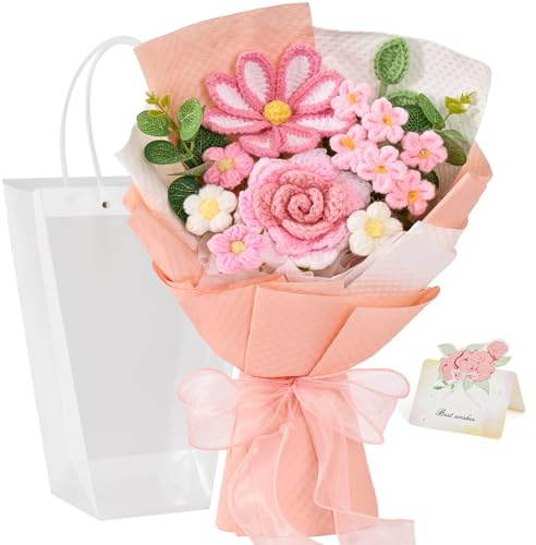Serwalin Crochet Flowers Bouquet Knitted Flower Bouquet for Anniversary Birthday Party Graduation Mother's Day Gifts(Pink)