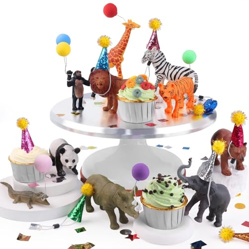 26 PCS Jungle Animal Birthday Party Decorations with Safari Animal Figurines, Mini Hats & Balloons, Cake Toppers for Birthday Party, Wild Animals Party Supplies(Jungle Animal)