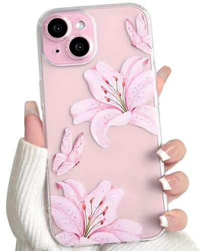NITITOP Cover per iPhone 13 Mini Carino Fiore di Giglio, Rosa | Trasparente Farfalla Motivo, per Donne Ragazze, TPU Morbido, Anti Ingiallimento Anti-Graffio, Protezione Antiurto Custodia