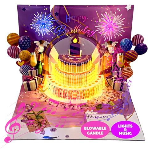 3D Pop Up Geburtstagskarte mit LED-Lichtern, Musiknoten und interaktivem Kuchendesign, Blasbare Kerze