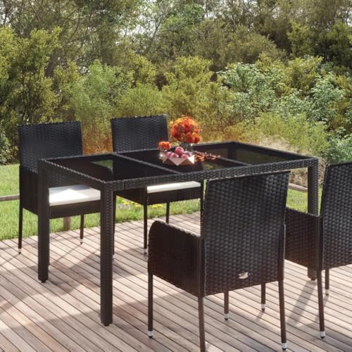 HaoChrymec Gartentisch mit PE-Rattan und Hartglas, Witterungsbeständig, Ideal für Balkon und Terrasse, Loungetisch Outdoor, Beistelltisch Garten, Schwarz, 150 x 90 x 75 cm