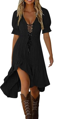 Women's Western Cowgirl Dress Sexy V Neck Lace Up Tie Asymmetrical Flowy Hem Midi Dresses Summer Short Sleeve Boho Beach Vacation Outfits Vintage Style Rustic Medieval Halloween Costumes
