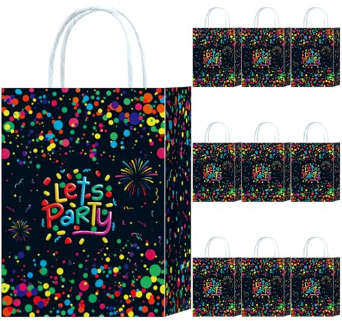 10x Let's Party Neon Partytüten, Glow Party Papier Geschenktüten mit Henkel | Neonpunkten und Feuerwerksmotiven Design, 21x15x8 cm, Neonfarbenes, Mitgebseltüten zum Neon Fasching, Giveaways, Geburtstag