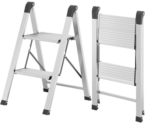 KINGRACK Trittleiter 2 Stufen Klappbar, Tritthocker aus Aluminium & Stahl | Klapptritt mit Breite rutschfeste Pedale, Sicherheitsverriegelung, bis 150kg, für Haushalt, Küche, Garage, Wohnmobil, Silber