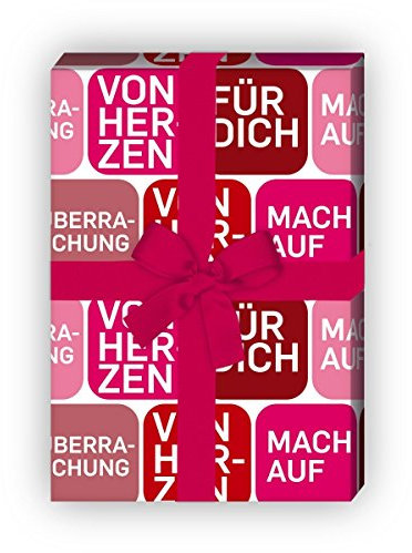 Von Herzen Geschenkpapier mit Text mach auf uvm, rot, für tolle Geschenk Verpackung und Überraschungen (4 Bogen, 32 x 48cm) Dekorpapier, Papier zum Einpacken