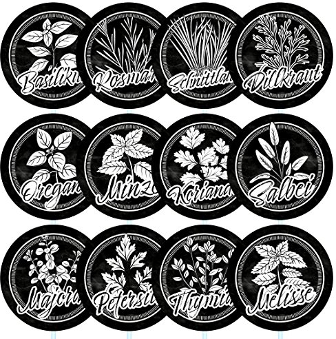 12 schwarze Kräuterschilder wetterfest für deinen Garten aus Kunststoff mit transparenten Acrylglasstäben, einfacher Zusammenbau, Gartenschilder, Kräuterspirale, Pflanzenstecker, Ø 8cm Kreis rund