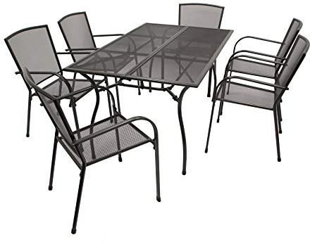 DEGAMO Gartengarnitur Classic 7-teilig, 6X Stapelsessel und 1x Tisch 90x150cm rechteckig, Streckmetall anthrazit beschichtet