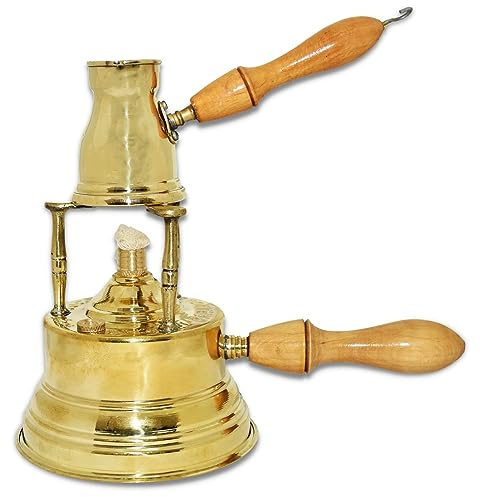 Al Bramony Brass Turkish Greek Coffee Alcohol Burner Maker Table Top Tabletop Wooden Handle Arabian Solid Large Size Hand Hammered Handmade Egypt Decanter + Pot Ibrik Size N02 (Capacity 2 Cup / 2.7oz)
