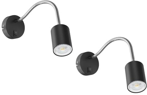 ledscom.de 2 Stück Leselampe WAIKA mit Schwanenhals und Schalter schwarz matt, inkl. GU10 LED Lampe (warmweiß, 5,4W, 510lm, 45°)