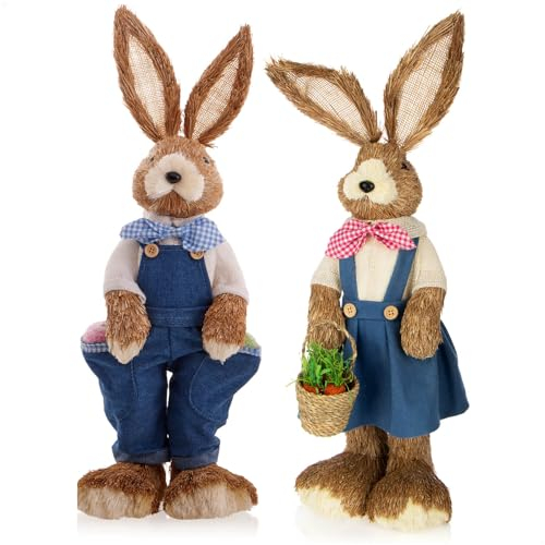com-four® 2x coniglietto pasquale di paglia XXL fatto a mano - coniglietto pasquale decorativo da 58 cm per la decorazione pasquale - figure decorative per Pasqua (02 pezzi 58 cm donna + uomo)