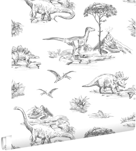 papier peint dinosaures noir et blanc 53 cm x 10.05 m - ESTAhome