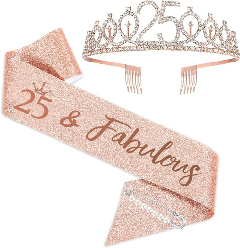 Écharpe et diadème pour 25e anniversaire pour femme, couleur or rose, couronne d'anniversaire de 25 ans, cadeau d'anniversaire pour fête de 25ème anniversaire