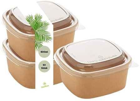 DeinPack 50 Salatschalen 600ml | to go Schalen mit Deckel braun eckig I Recycellbare Schalen Kraftkarton Verpackung mit PLA Beschichtung I Suppenschale | Eisschale | Deckel aus recyceltem PET