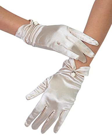 QRBTSCL Women's Short Satin Gloves for Wedding Wrist Short Evening Party Dressy Bridal Satin Gloves with Pearl Champagne