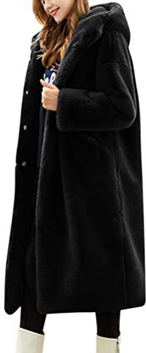 Minetom Veste Femme Long Manteau à Capuche Doux Hiver Manches Longues Chaud Polaire Peluche Manteaux Blouson Parka Outwear A Noir S