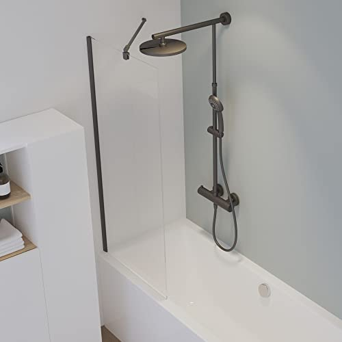 Schulte feststehende Duschabtrennung auf Badewanne, 140 x 70 cm, 5 mm Sicherheitsglas ESG Klar hell, Mattschwarz, fixe Badewannenfaltwand, D1611-F-68-50