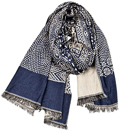 Kangqifen Herren-Schal, Retro-Stil, weich, leicht, Baumwolle, Leinen, gemustert, 193 x 63,5 cm, Marineblau, Einheitsgröße