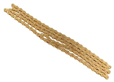 AMONIDA 9-Gang-Fahrradkette, Legierter Stahl, Hohe Steifigkeit, Eng, Leicht, Glatt Schaltende Fahrrad-Geschwindigkeitskette mit Kettenverbinder für das Radfahren (Gold)