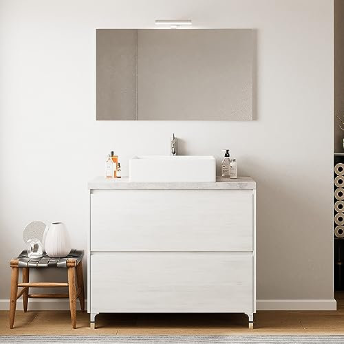Inbagno Mobile Bagno a Terra 80 cm Rovere Bianco con 2 cassettoni Soft-Close, Top Cenere per lavabo d’appoggio, Specchio 60x80 con Lampada LED, LISBONA