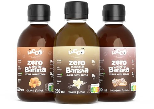 Locco Kaffeesirup Zuckerfrei Set - Barista Sirup für Kaffee mit Karamell, Vanille & Lebkuchen Geschmack - Zero Kalorien Sirup mit Stevia - Vegan & Keto - 3x250ml