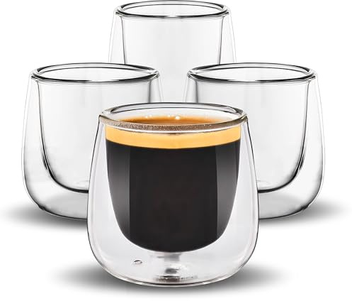 GVTECH Double Walled Espresso Cups 80 ml, Expresso Glass Coffee Cup Set of 4, Small Mugs for Ristretto, Macchiato, Cortado, Heat-Resistant, Fit Espresso Machines, Great Gift (4, 80 ML)
