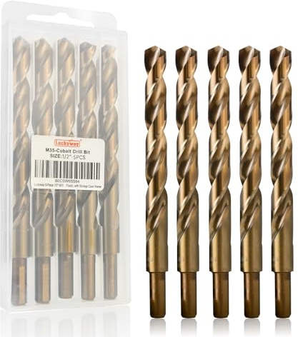 Luckyway 1/2 Cobalt Drill Bit (5 Pcs), Jobber Length Twist Drill Bit Set for Hard Metal, Stainless Steel, Cast Iron, Wood and Plastic, with Storage Case